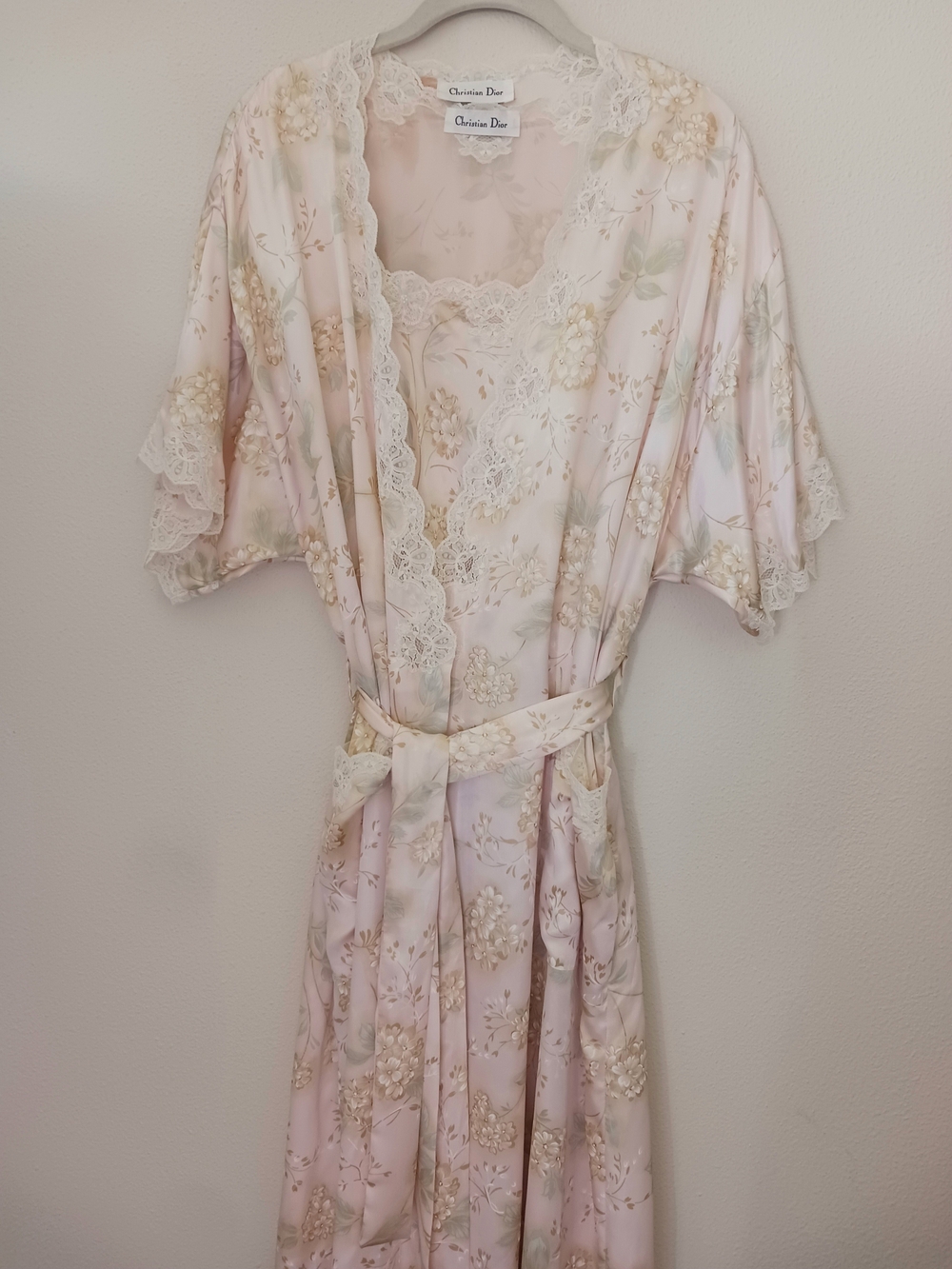 Vtg Christian Dior 36" Pink Floral Satin Chemise Robe & Gown Set Belted Lace Tri
